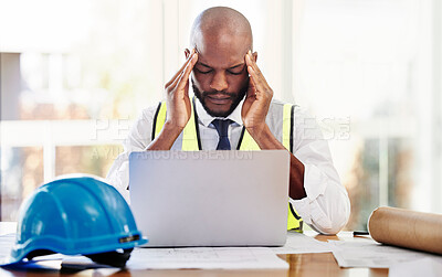 Buy stock photo Headache, laptop and architect man stress, pain and mental health problem thinking of project management, planning and budget strategy. Angry, frustrated or burnout construction worker or contractor