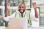 Construction engineer man, laptop and celebration in office for success, contract and happy for email communication. Black man, engineering and construction worker with winning bonus, goal and profit