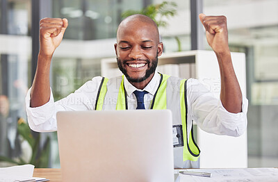 Buy stock photo Construction engineer man, laptop and celebration in office for success, contract and happy for email communication. Black man, engineering and construction worker with winning bonus, goal and profit