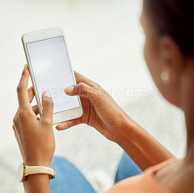 Buy stock photo Smartphone, screen and woman hands with mockup for mobile chat app, product placement and branding design zoom. Typing, using phone or cellphone for social media, networking or online website search