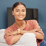 Black woman, portrait and relax on living room sofa, new home and lounge for easy lifestyle in Atlanta. Face, smile and happy girl on couch in dream house, apartment rental and happiness on weekend