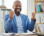 Success, winner and businessman at his desk in office for company profit, stock market or financial increase, promotion or bonus. Happy news, fist and winner corporate black man in a career portrait