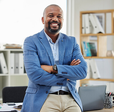 Buy stock photo Accountant portrait and corporate black man in office with confidence, pride and smile in workspace. Mature employee in professional accounting company with arms crossed and optimistic mindset.

