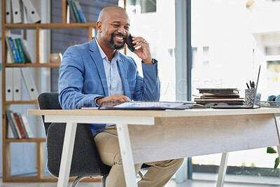 Buy stock photo Phone call, business and black man at office desk for corporate communication in company. Mature entrepreneur, mobile networking and talking on smartphone for sales deal, negotiation and ceo contact