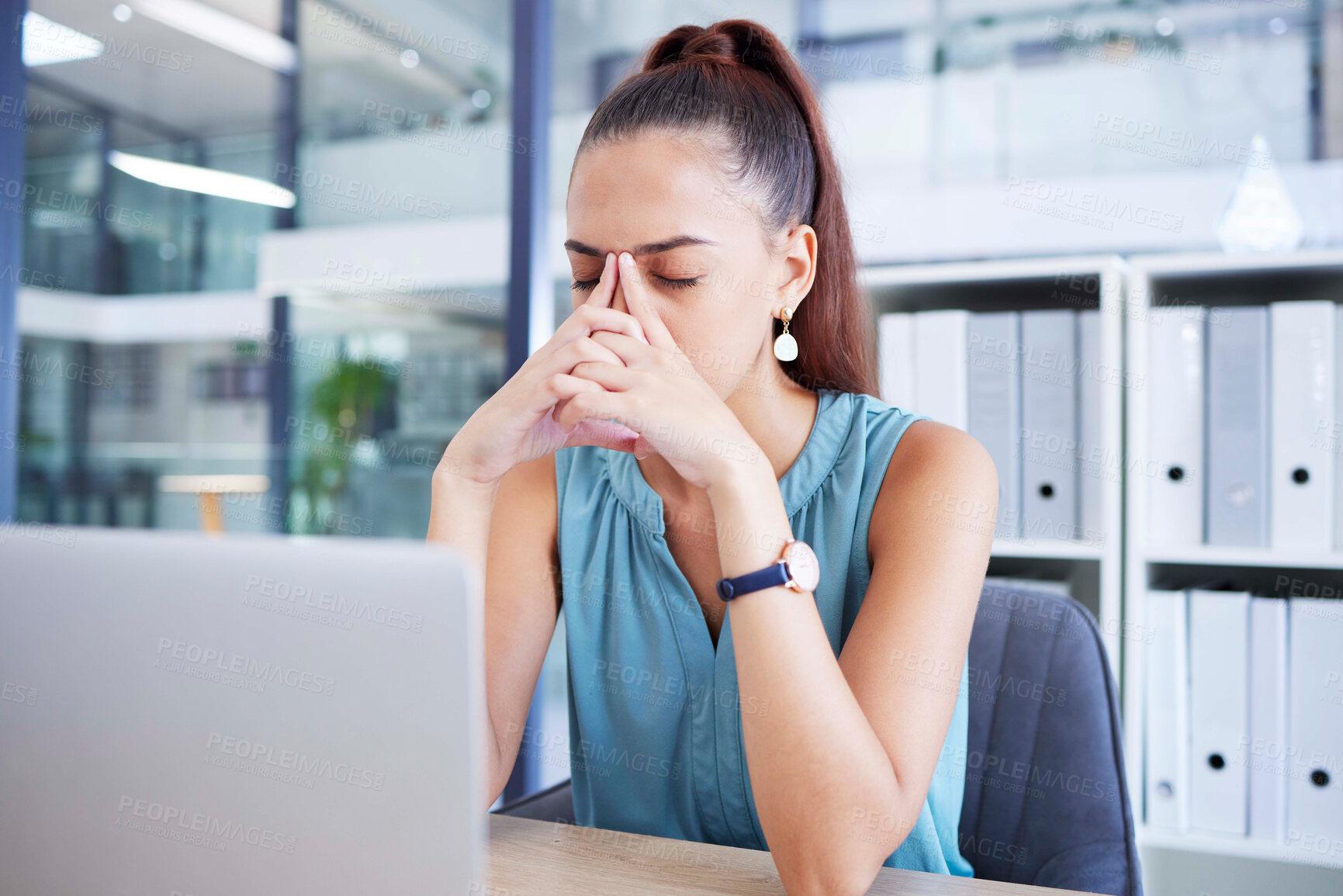 Buy stock photo Headache, depression and mental health with business woman in office, fatigue or corporate burnout with anxiety. Pain, tired and stress with laptop glitch, frustrated and depressed female at work