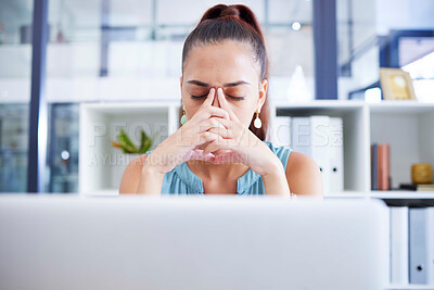 Buy stock photo Business woman with mental health, stress and headache with anxiety at office, fatigue or corporate burnout. Pain, tired with laptop glitch and frustrated professional and depressed female at work