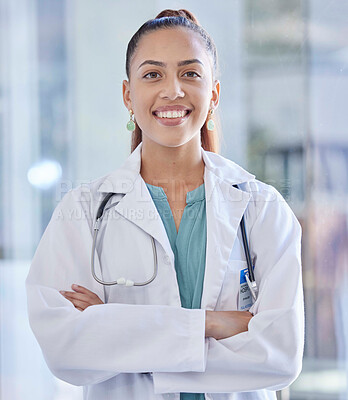 Buy stock photo Doctor, woman and portrait with healthcare and happy medical professional in hospital against blurred background. Health, career and female in medicine with success and smile for cardio health care