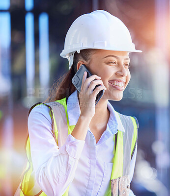 Buy stock photo Construction worker, woman with smartphone for phone call and communication with technology and helmet for safety. Happy with construction, building industry and mobile phone, contact with lens flare