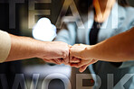 Teamwork, hands and fist together for collaboration, partnership and corporate deal. Team, hand and employees with business achievement, project and company target, success and staff for teambuilding