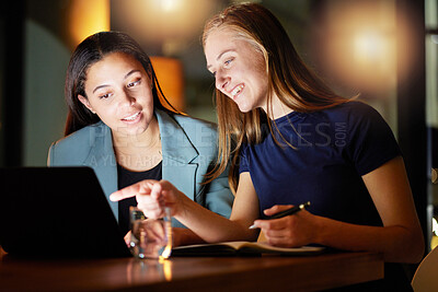 Buy stock photo Business, women and talking at night, laptop and explain process, system and office. Female employees, girls and manager with consultant, computer and schedule for deadline, campaign project and tech