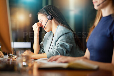 Buy stock photo Headache, anxiety and call center woman on computer telemarketing fail, stress or burnout in global, virtual customer support. Tired, fatigue financial advisor or consultant frustrated, angry or sad