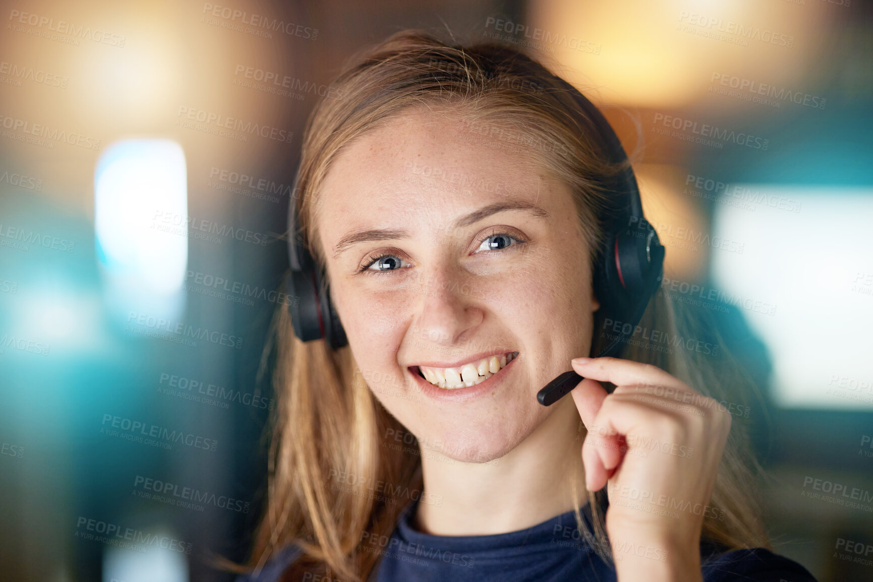 Buy stock photo Call center, smile and portrait of business woman at night in customer service, consulting or technical support. Help desk, advisory or telemarketing with employee and microphone for phone call sales