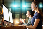 Computer, night call center and women with telemarketing success, IT solution and problem solving in virtual customer support. Happy financial advisor, consultant team and working on a monitor screen