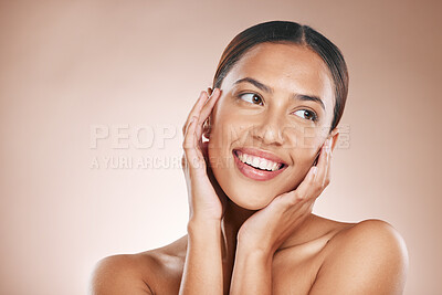Buy stock photo Skincare, beauty and acupressure, portrait of black woman with smile and hands on face on studio background. Makeup, glamour and luxury care with facial massage, natural spa treatment on happy woman.