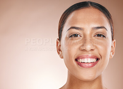 Buy stock photo Beauty, portrait and skincare of natural woman marketing with healthy teeth and attractive smile. Wellness model with beautiful face on beige studio mockup background for cosmetic advertising.