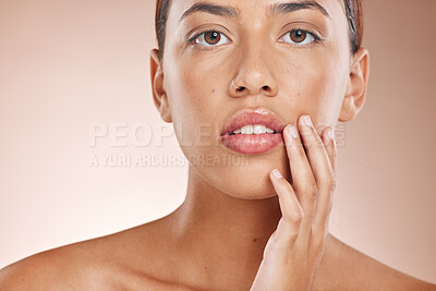 Buy stock photo Skincare, beauty and portrait of woman with glowing skin closeup on studio background. Makeup, glamour and luxury care with hands on face and natural cosmetics for detox facial massage on black woman