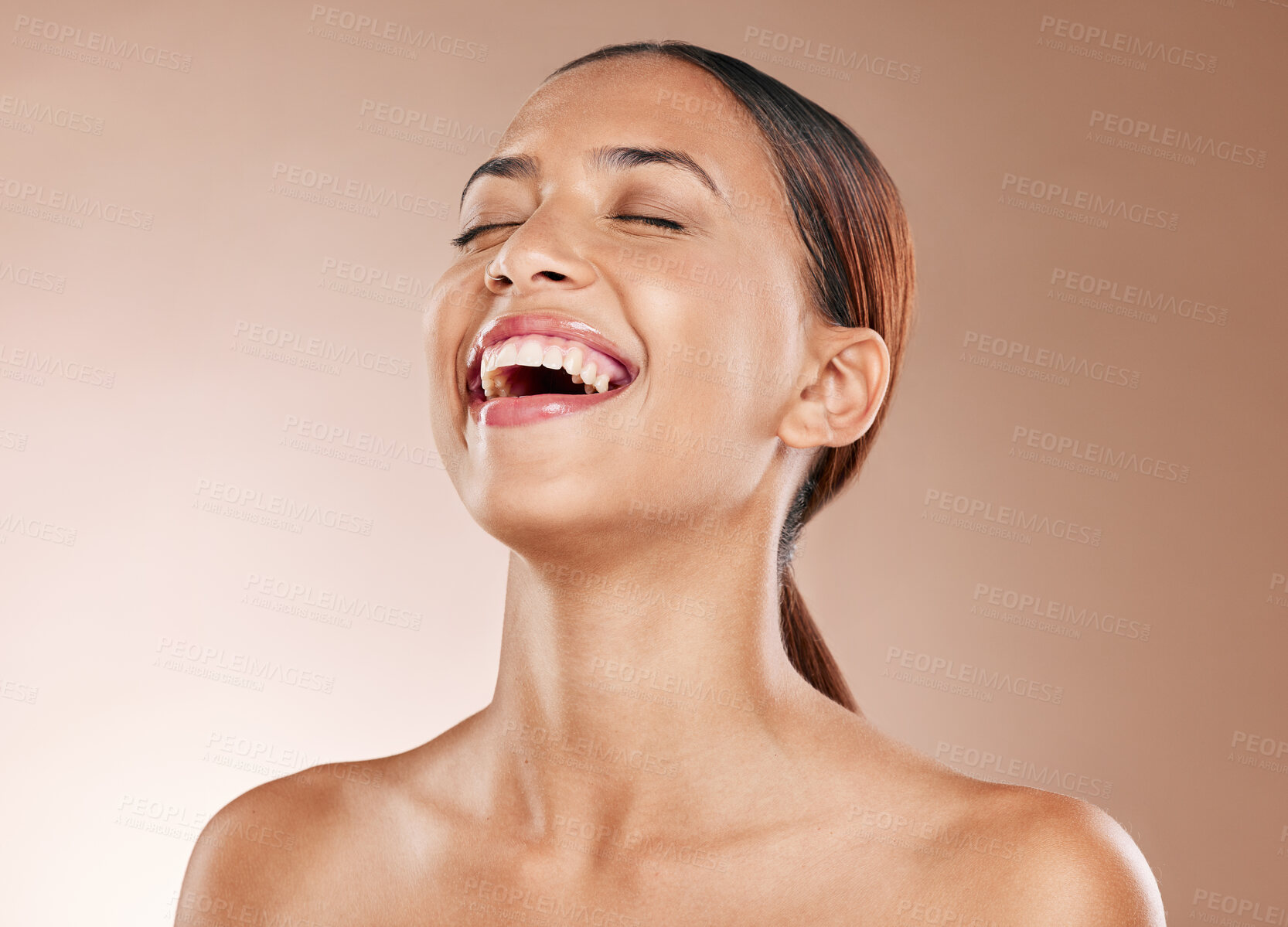 Buy stock photo Skincare, woman or cosmetics for face detox, organic facial or laughing on studio background. Latino female, girl or makeup for wellness, healthcare or beauty treatment for smooth, clear or soft skin