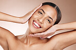 Woman, skincare and beauty portrait of a model happy about facial and dermatology. Happiness, youth and brown studio background of a young person with a happy smile from spa health aesthetic 