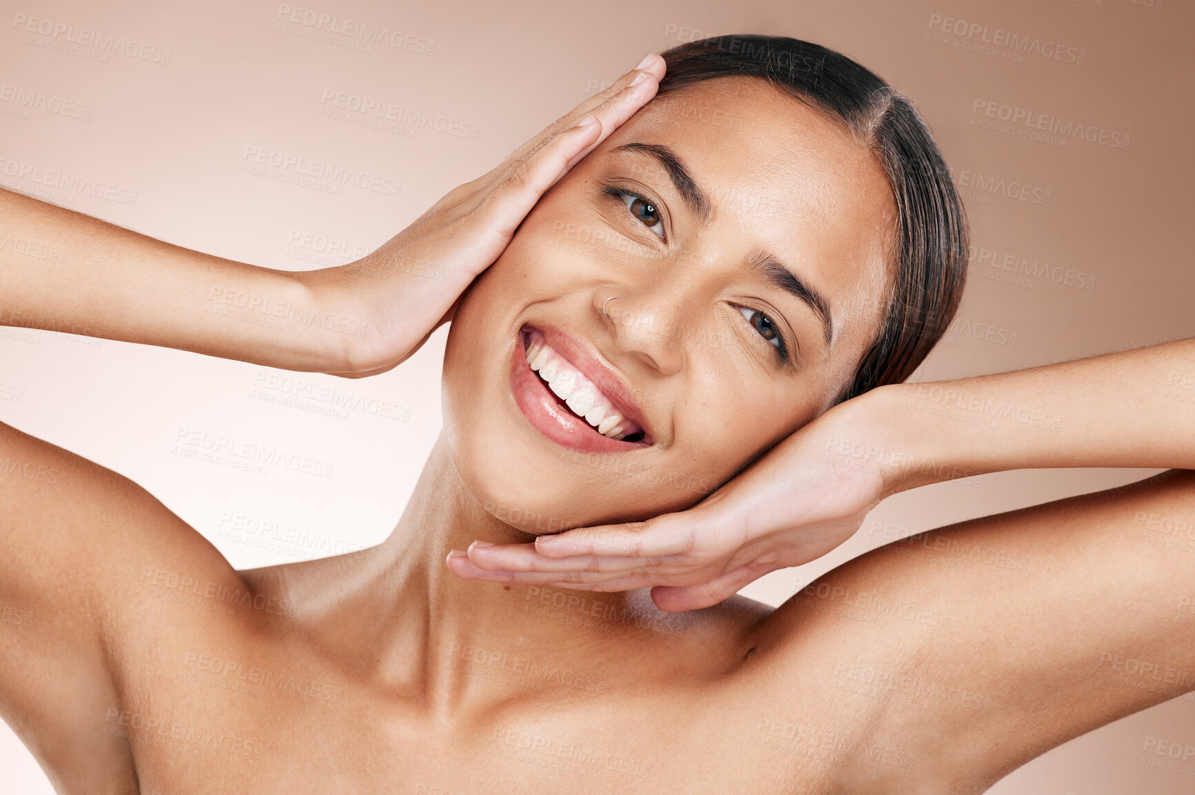 Buy stock photo Woman, skincare and beauty portrait of a model happy about facial and dermatology. Happiness, youth and brown studio background of a young person with a happy smile from spa health aesthetic 