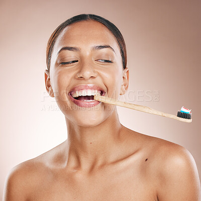 Buy stock photo Fun woman, face or toothbrush on studio background in dental care, hygiene grooming or mouth healthcare. Happy smile, beauty model and toothpaste product for brushing teeth or oral cleaning wellness