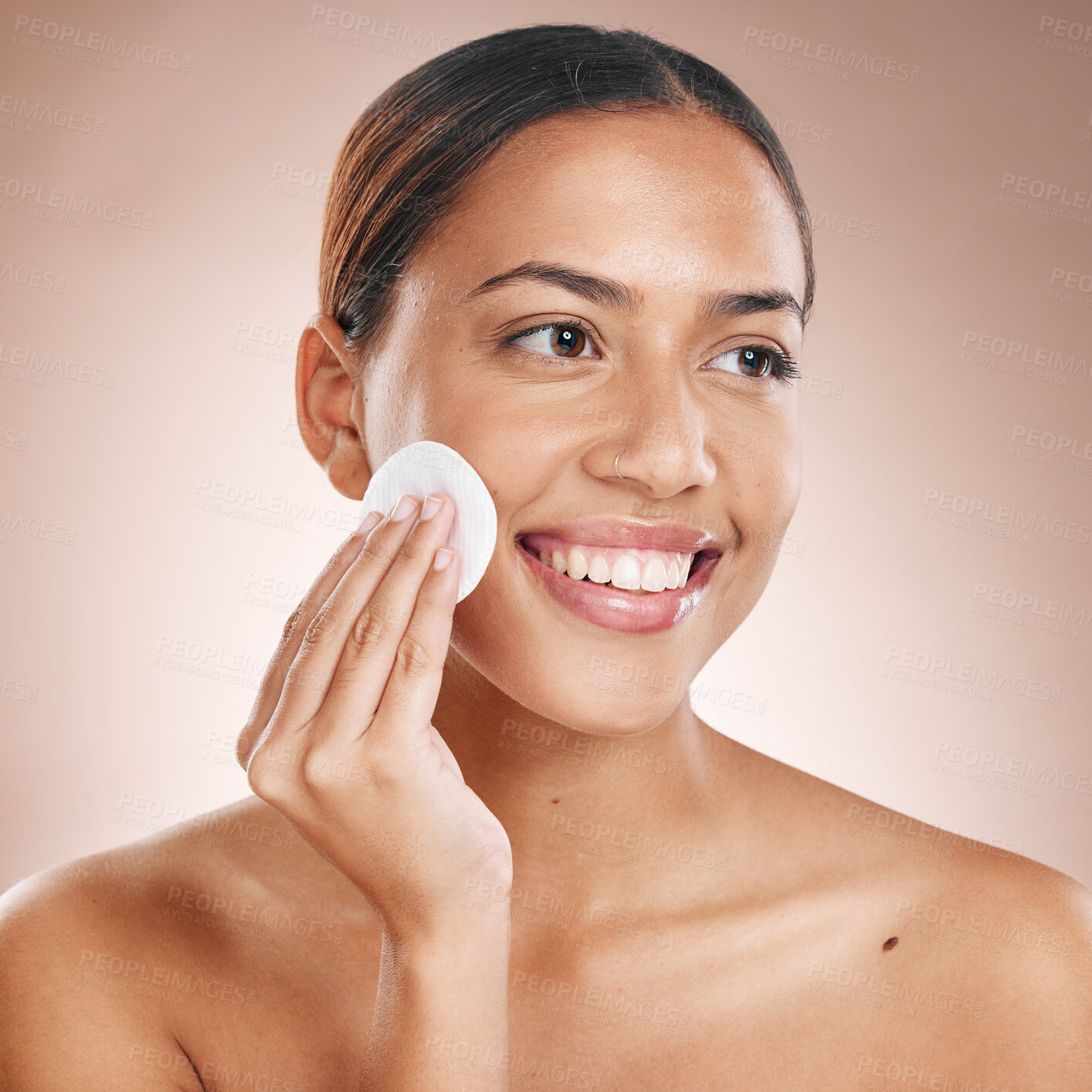 Buy stock photo Cotton pad, skincare and woman with face beauty, facial treatment wellness and happy cleaning with skincare mockup. Skin, natural cosmetics and makeup removal, cosmetic care against studio background