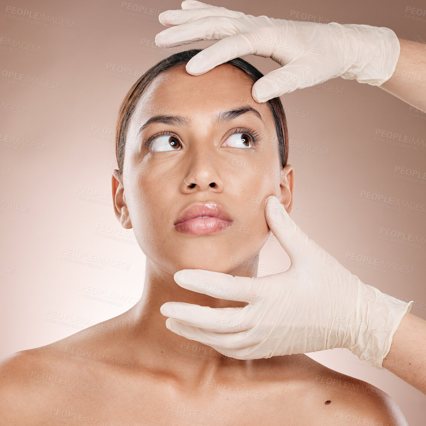 Buy stock photo Plastic surgery, botox and hands check woman face for laser, beauty implant or cosmetic salon. Skincare consultation, facial and gloves for aesthetic change at liposuction clinic on studio background