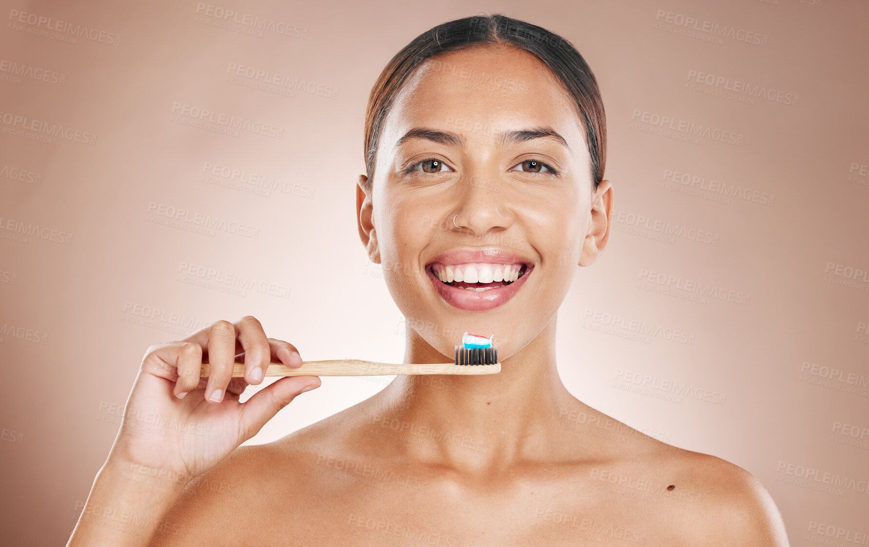 Buy stock photo Woman, portrait or brushing teeth in grooming, dental hygiene or healthcare wellness on pink studio background. Smile, happy or beauty model and toothbrush, toothpaste cleaning or eco friendly bamboo