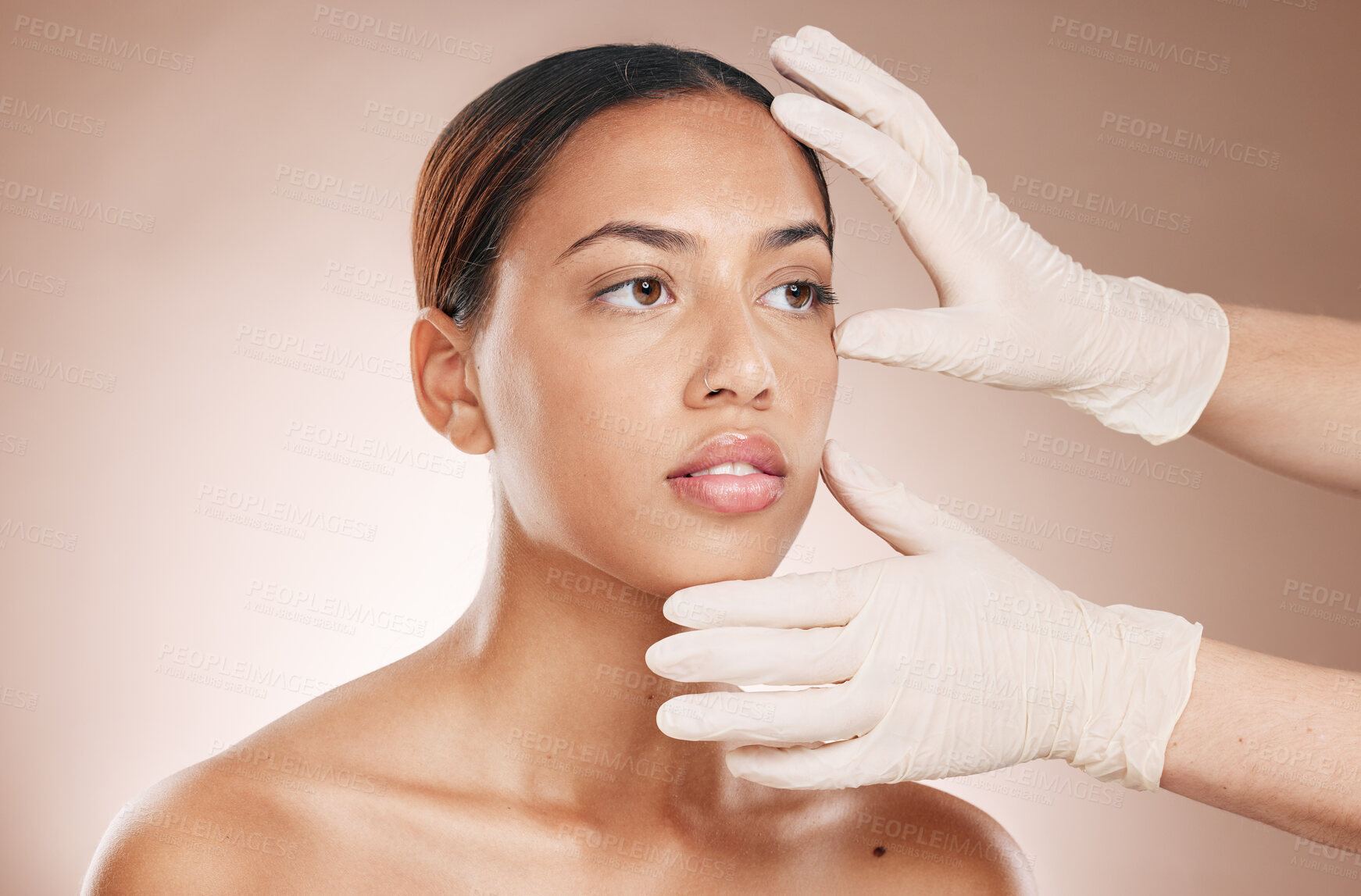 Buy stock photo Rhinoplasty, hands and woman consulting for face botox, beauty implant or makeup cosmetics. Facial consultation, skincare and plastic surgery for aesthetic change from body laser on studio background