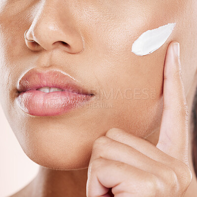Buy stock photo Woman, skincare and cream for face, makeup and sunscreen product for wellness, luxury beauty and salon cosmetics. Closeup of model, facial lotion and natural dermatology, aesthetic and healthy glow