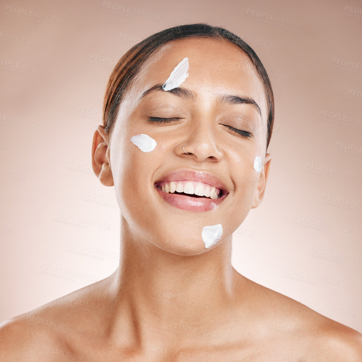 Buy stock photo Skincare, cream and black woman in studio for beauty, cosmetics or healthy glow with product advertising. Young, happy model with sunscreen results, dermatology skin care or facial collagen promotion