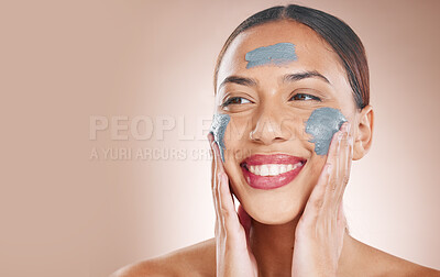 Buy stock photo Skincare, beauty and woman with a face mask in a studio for a cosmetic, wellness and natural routine. Cosmetics, mockup space and female model from Brazil with facial treatment by a brown background.