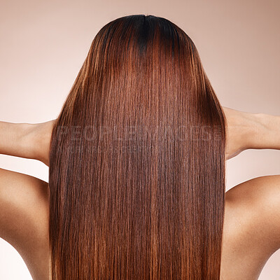 Buy stock photo Woman, back or brunette hairstyle on studio background in keratin treatment, self love grooming or dye marketing. Model, touching hand or brown hair color on pink backdrop for Brazilian salon results