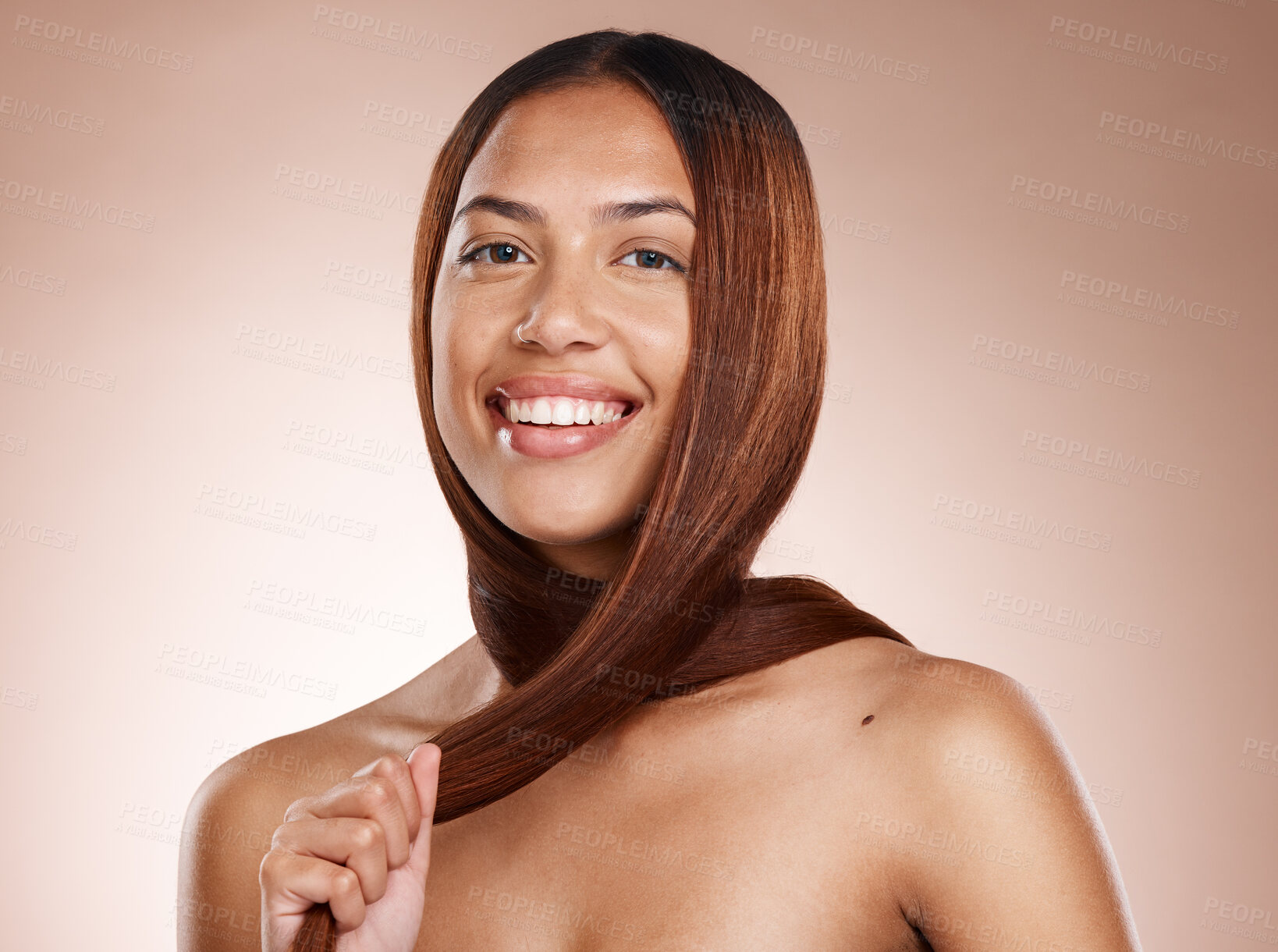 Buy stock photo Hair care, beauty salon and cosmetics portrait of a woman on studio background for luxury keratin treatment. Smile of a female posing for a hairdresser, spa and wellness mockup with healthy growth