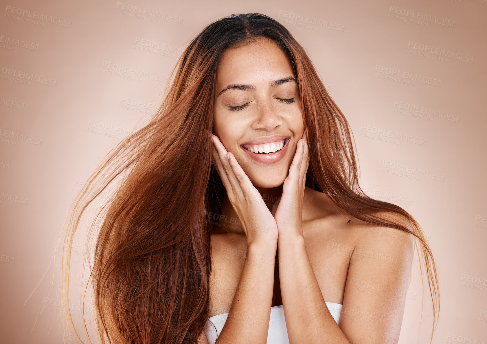 Buy stock photo Beauty, hair care and face of woman with eyes closed in studio on brown background. Skincare, makeup cosmetics or female model satisfied with salon treatment for balayage hairstyle, growth or texture
