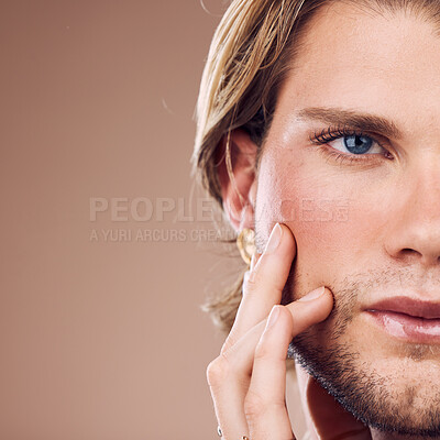 Face, eye and beauty with mockup and man for skincare, cosmetics with microblading, vision and glow against studio background. Cosmetic care, makeup and facial cropped with gender neutral closeup