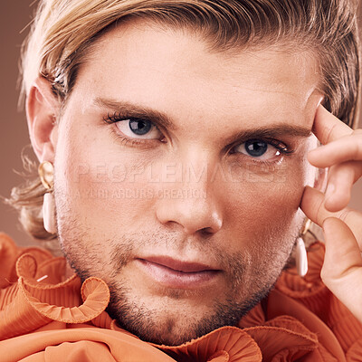 Buy stock photo LGBTQ, fashion beauty portrait or man with orange clothes, natural facial makeup or creative style on background. Gay, transgender or gender neutral model with face cosmetics, skincare glow and pride