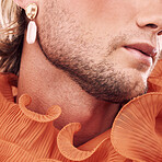 Fashion, feminine and beard with a gender neutral man model in studio closeup for modern or contemporary style. Gay, homosexual or non-binary with a male posing in drag for lgbt equality or inclusion