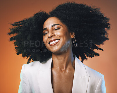 Buy stock photo Black woman, beauty and hair with hair care and happy with afro, makeup with cosmetic care, face and skincare. Dance, freedom with facial and natural curly hair texture against studio background