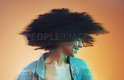 Buy stock photo Black woman with hair blur, disco and dance with glitter fashion, movement with afro against studio background. Natural curly hair, dancing at party with happiness and fun, energy and retro mockup