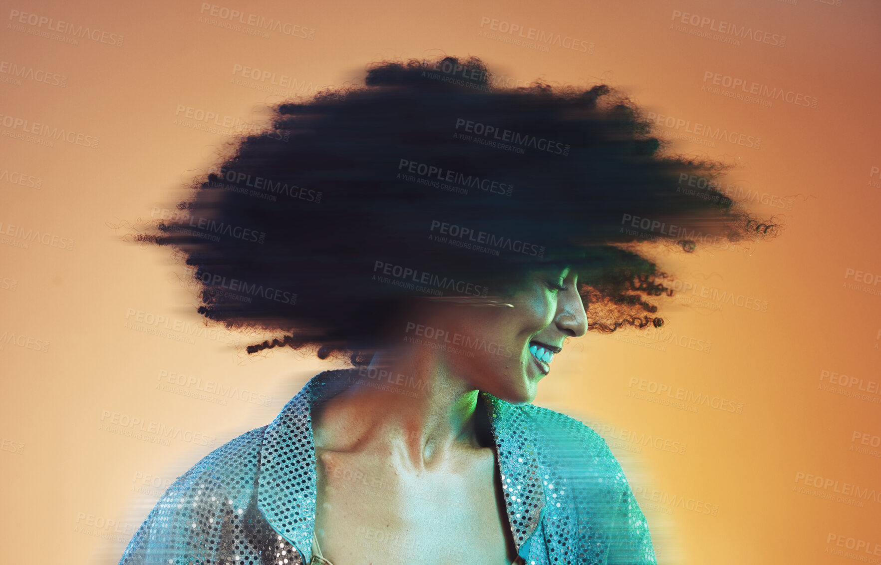 Buy stock photo Black woman with hair blur, disco and dance with glitter fashion, movement with afro against studio background. Natural curly hair, dancing at party with happiness and fun, energy and retro mockup