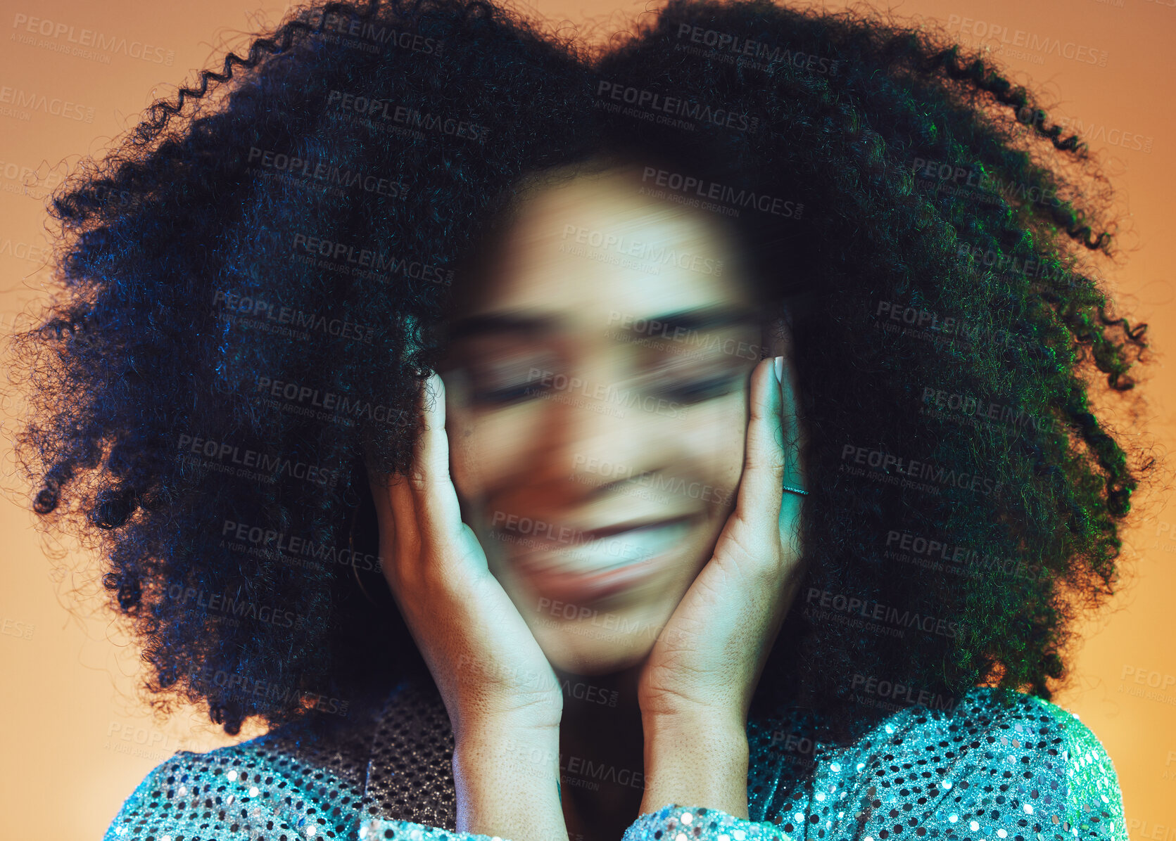 Buy stock photo Face blur, hair care and beauty with black woman and movement with makeup and cosmetic care against studio background. Hair, cosmetics with hands and facial, wellness with afro and natural curly hair