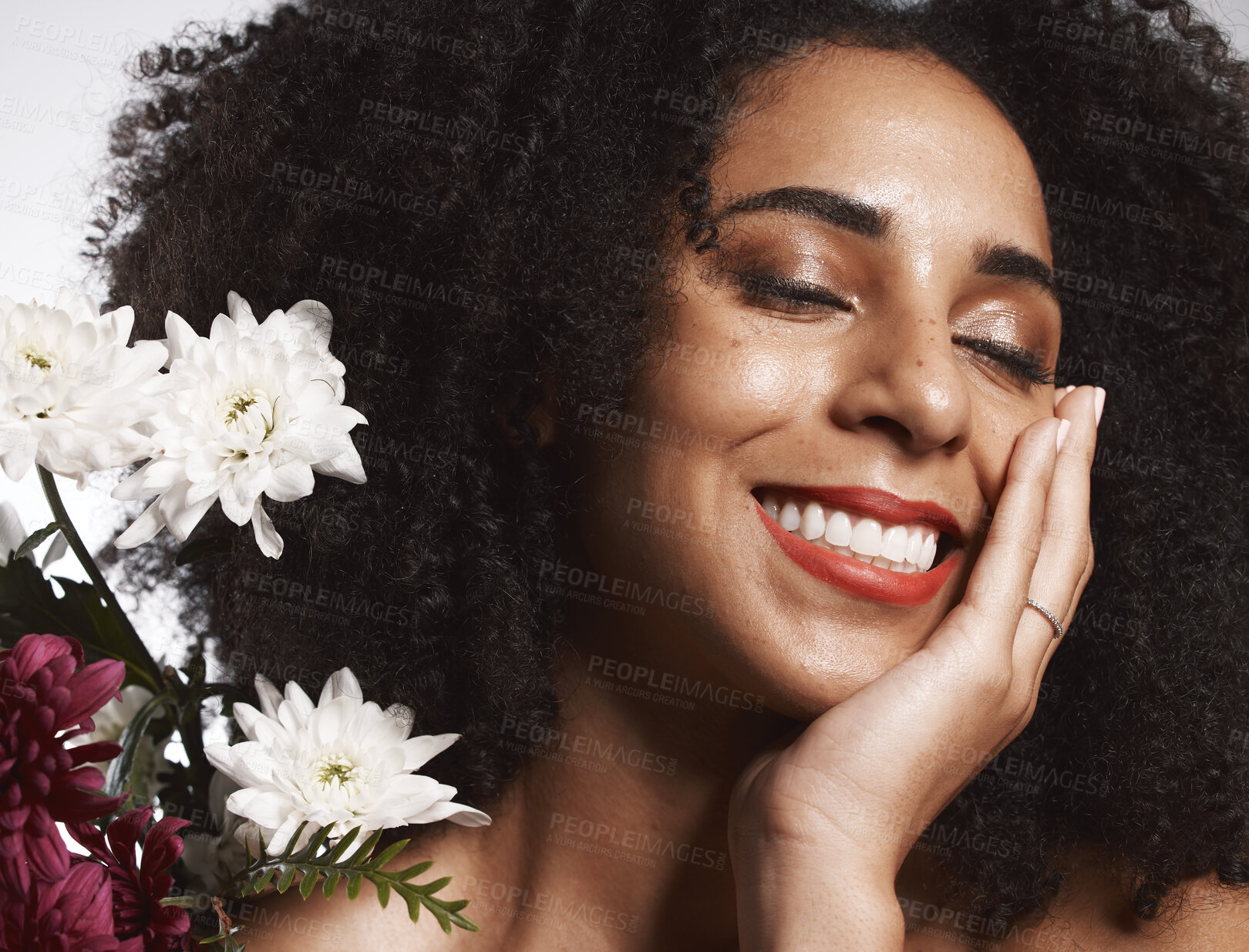 Buy stock photo Makeup, flowers and happy black woman with skincare satisfaction and glowing texture routine. Aesthetic, health and wellness of confident cosmetics model with beautiful smile in white studio. 

