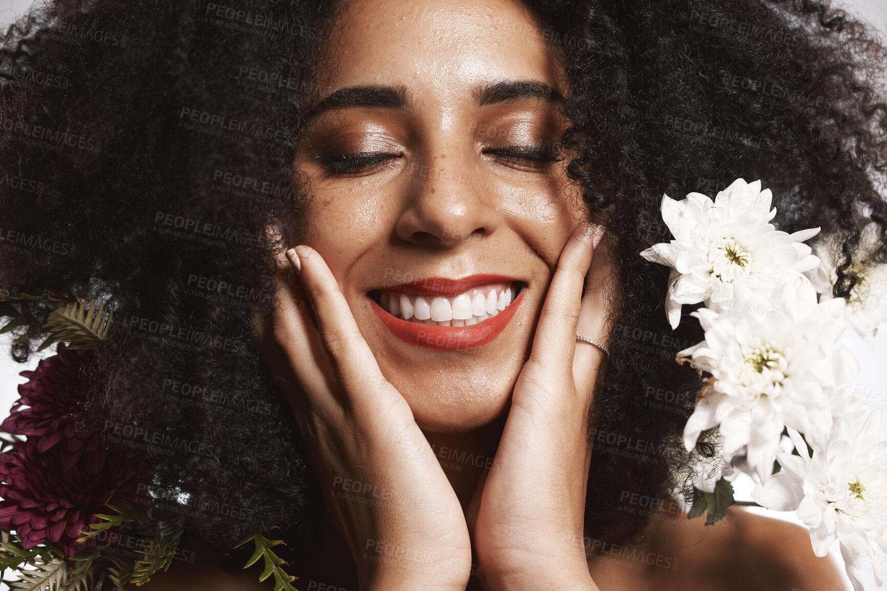 Buy stock photo Self love, beauty and makeup on face of black woman with skincare satisfaction and glowing texture. Aesthetic, happy and wellness of confident cosmetics model with beautiful smile in white studio. 

