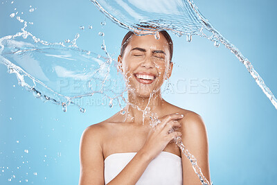 Buy stock photo Happy woman, laughing or water splash skincare on blue background studio in healthcare wellness, Brazil hygiene maintenance or self care grooming. Smile, beauty model or cleaning water drop in shower