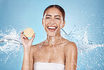 Lemon, skincare and woman in water splash for beauty, cosmetics and cleaning advertising of vegan product in studio mockup. Happy model portrait, fruit in hand and healthy glow or dermatology shine