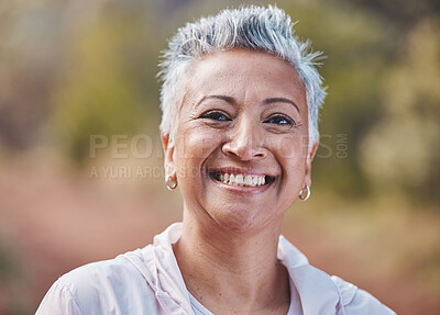Buy stock photo Face, fitness and portrait of senior woman in nature ready for workout, exercise or training. Sports, park and retired elderly female from India preparing for running or jog for health and wellness