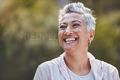 Buy stock photo Face, fitness and senior woman in nature ready for workout, exercise or training mock up. Sports, thinking and retired elderly female from India preparing for running or jog for health and wellness.