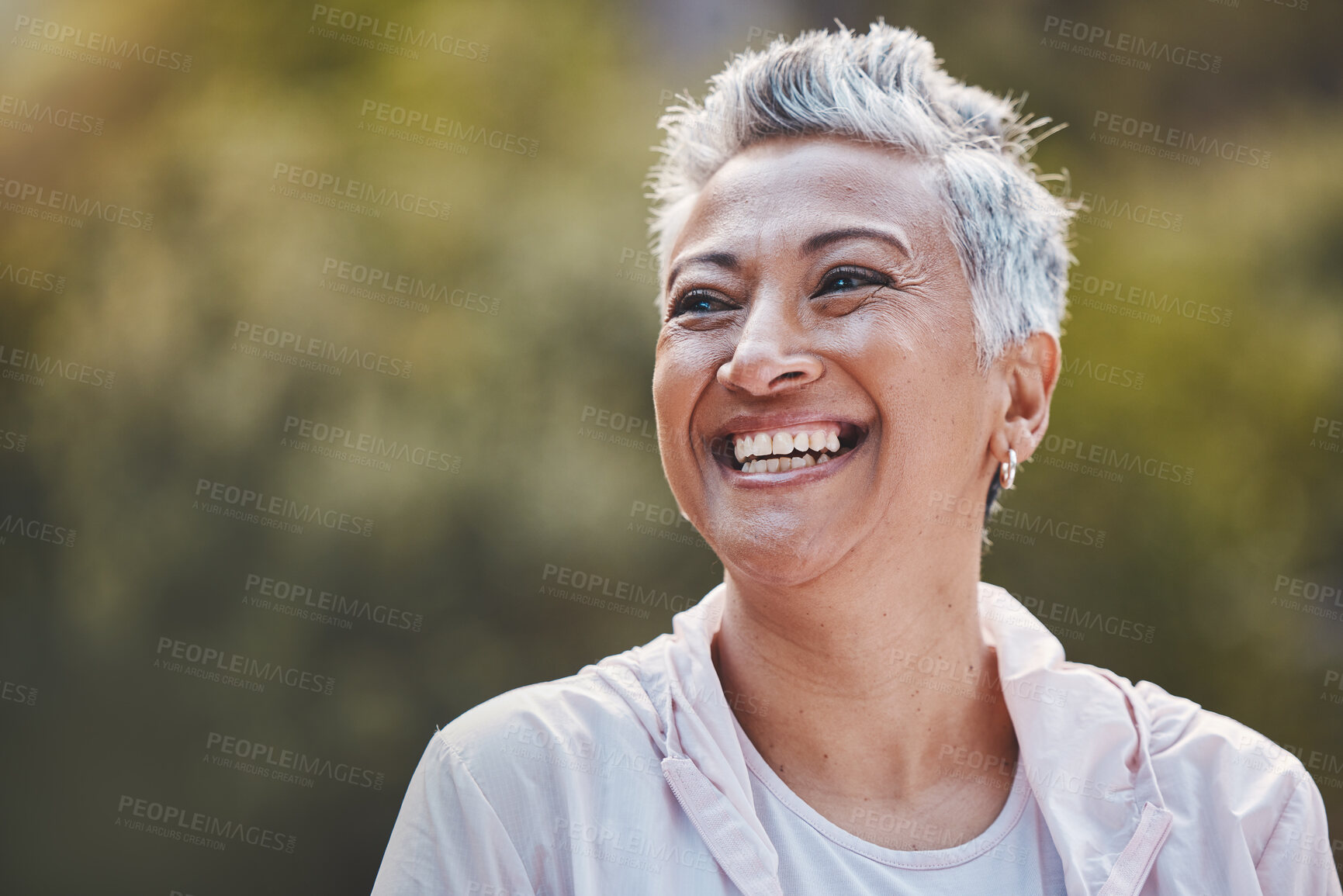 Buy stock photo Face, fitness and senior woman in nature ready for workout, exercise or training mock up. Sports, thinking and retired elderly female from India preparing for running or jog for health and wellness.