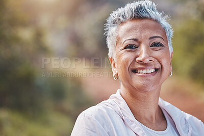 Buy stock photo Fitness, face portrait and senior woman in nature ready for workout, exercise or training. Sports, park and retired elderly female from India preparing for running or jog for health and wellness.