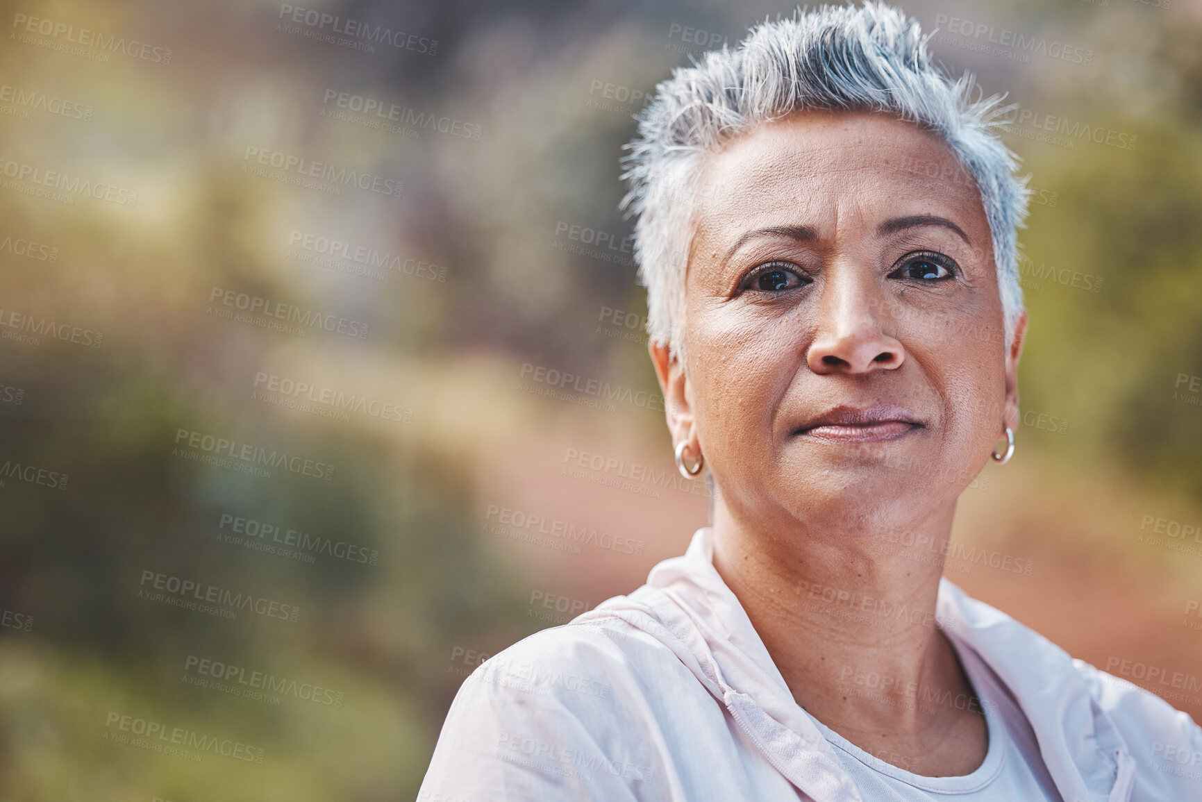 Buy stock photo Face portrait, fitness and senior woman in nature ready for workout, exercise or training. Sports, park and retired elderly female preparing for running, exercising or jog for health and wellness.